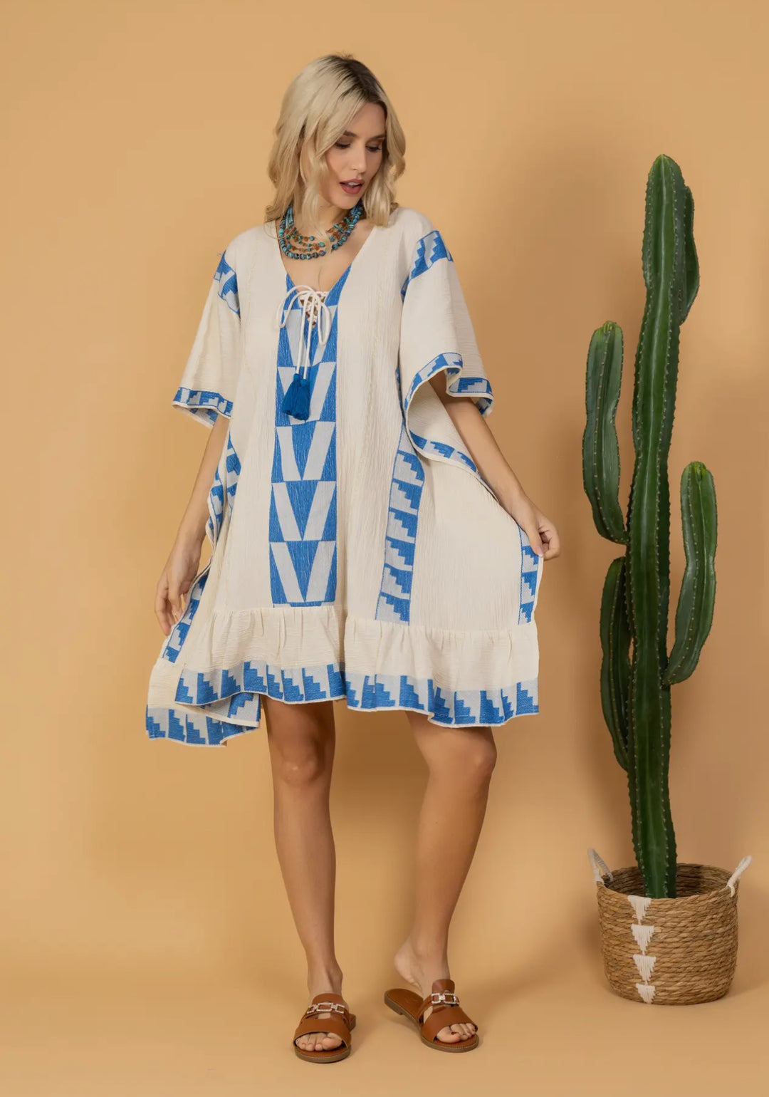Short Boho Styled Aegean Inspired Tunic Dress-Sky/White