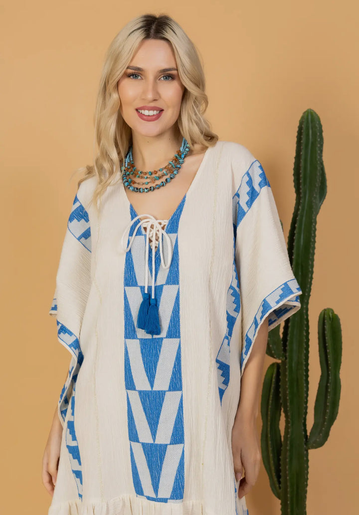 Short Boho Styled Aegean Inspired Tunic Dress-Sky/White