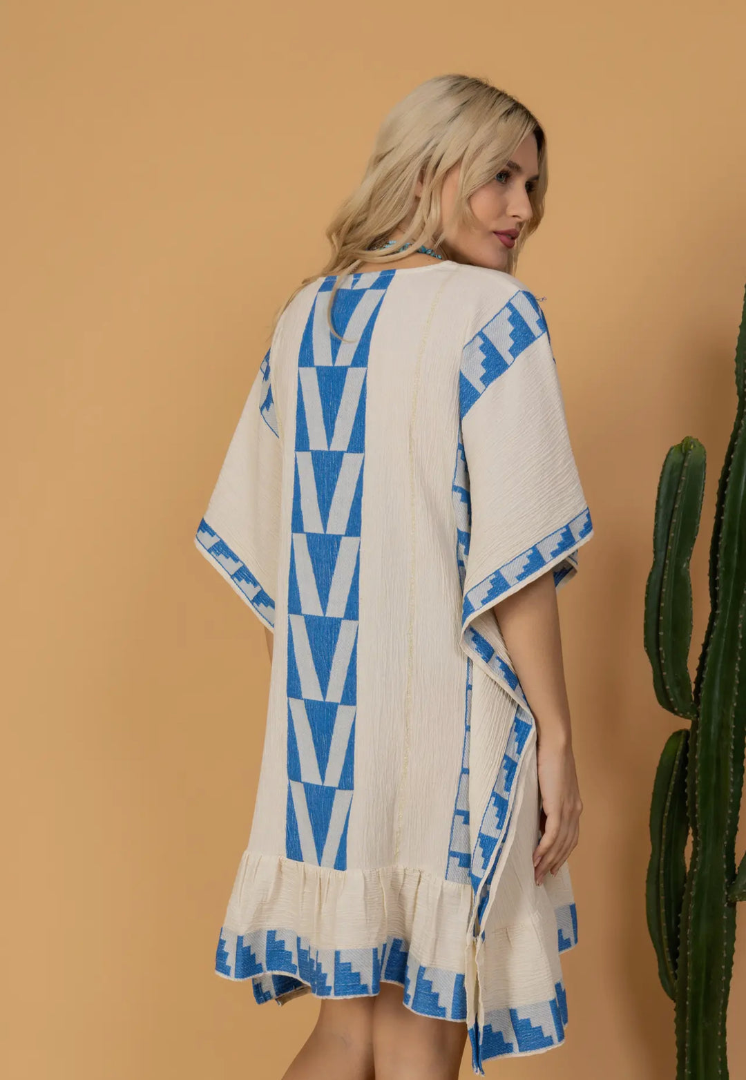 Short Boho Styled Aegean Inspired Tunic Dress-Sky/White