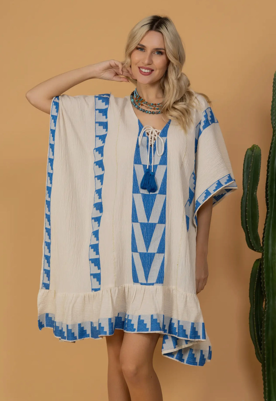 Short Boho Styled Aegean Inspired Tunic Dress-Sky/White