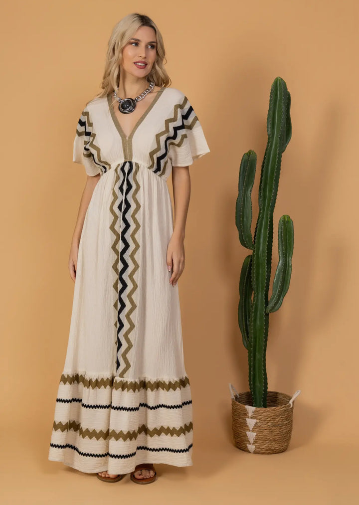 Short Sleeved 100% Cotton Maxi Dress-Cream/Black