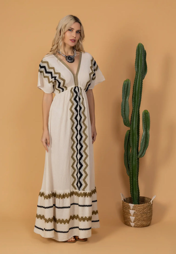 Short Sleeved 100% Cotton Maxi Dress-Cream/Black