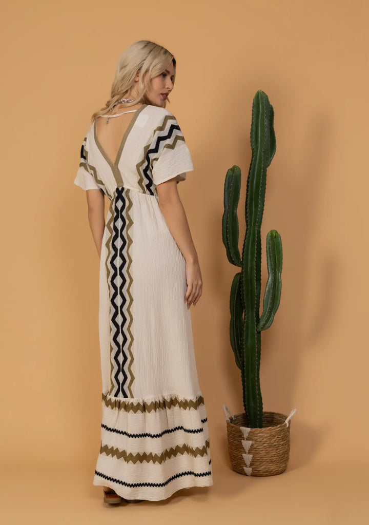 Short Sleeved 100% Cotton Maxi Dress-Cream/Black