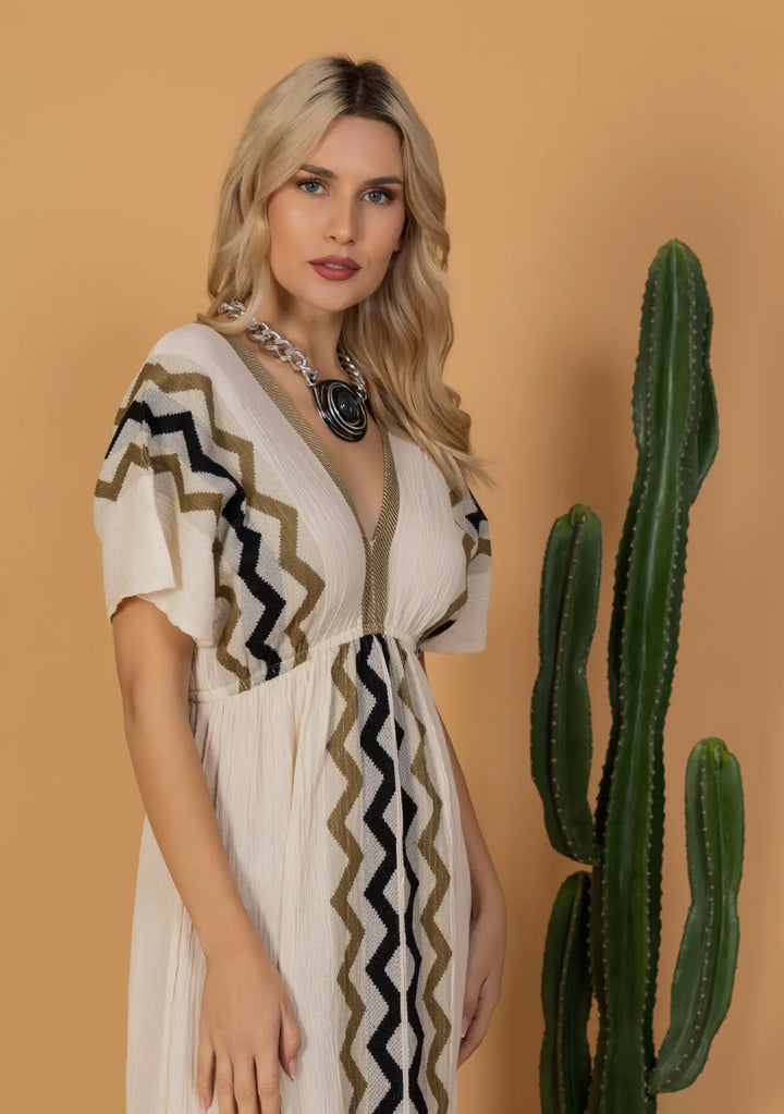 Short Sleeved 100% Cotton Maxi Dress-Cream/Black