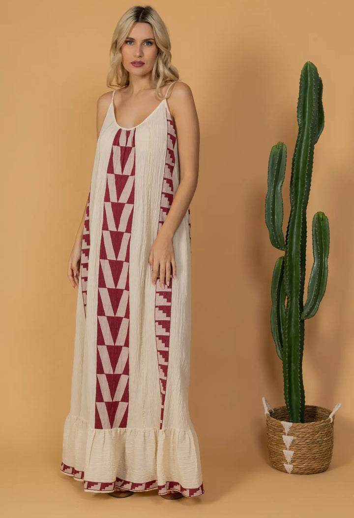 Boho Styled Long Aegean Inspired Dress-Ruby/White