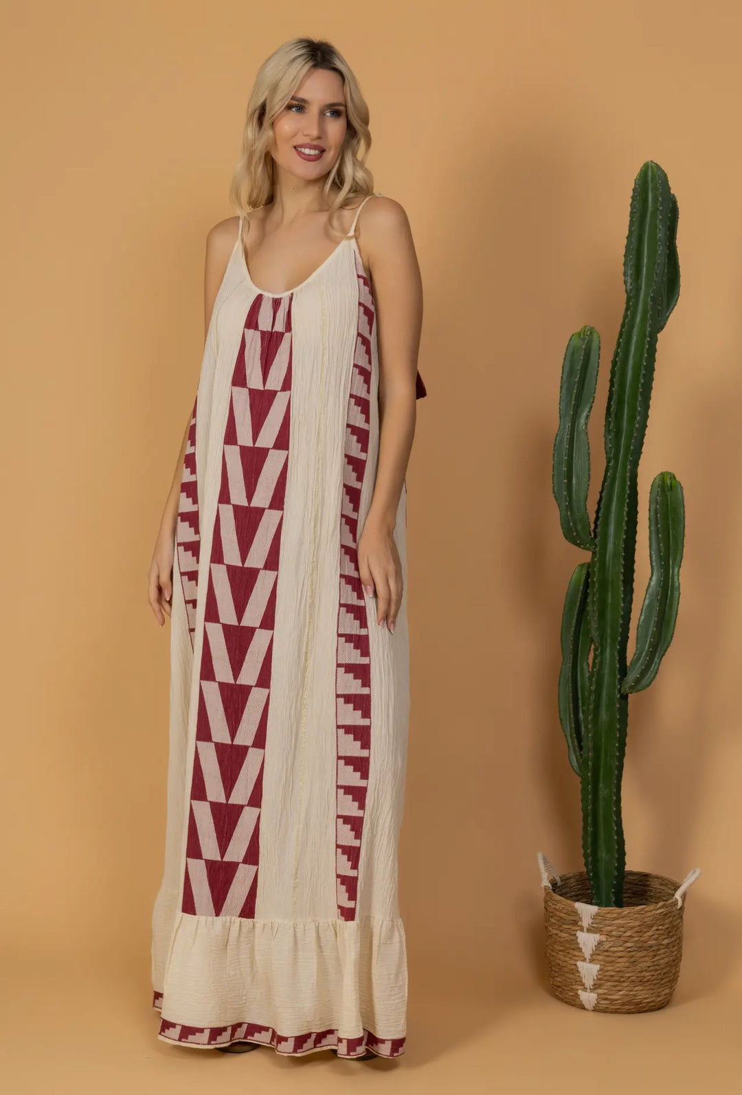 Boho Styled Long Aegean Inspired Dress-Ruby/White