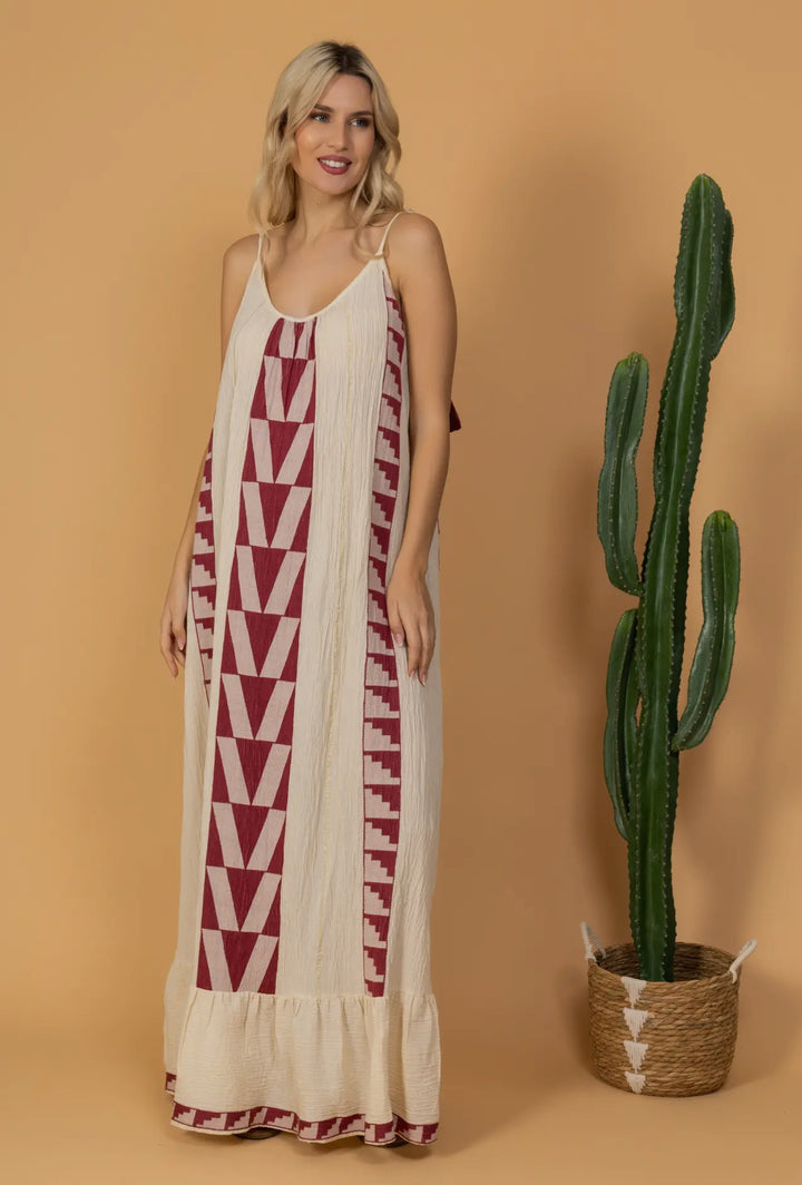 Boho Styled Long Aegean Inspired Dress-Ruby/White