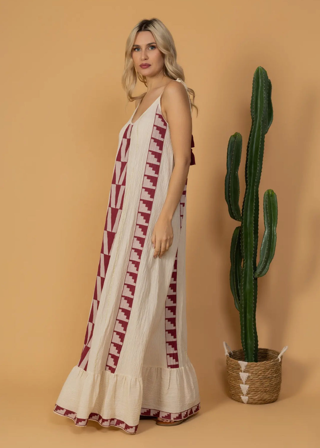 Boho Styled Long Aegean Inspired Dress-Ruby/White