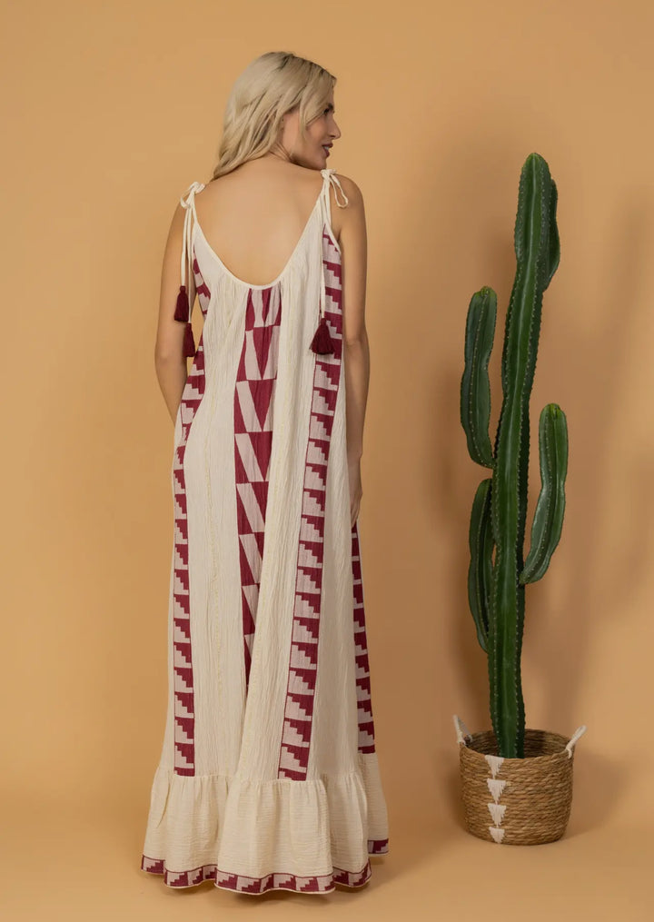 Boho Styled Long Aegean Inspired Dress-Ruby/White