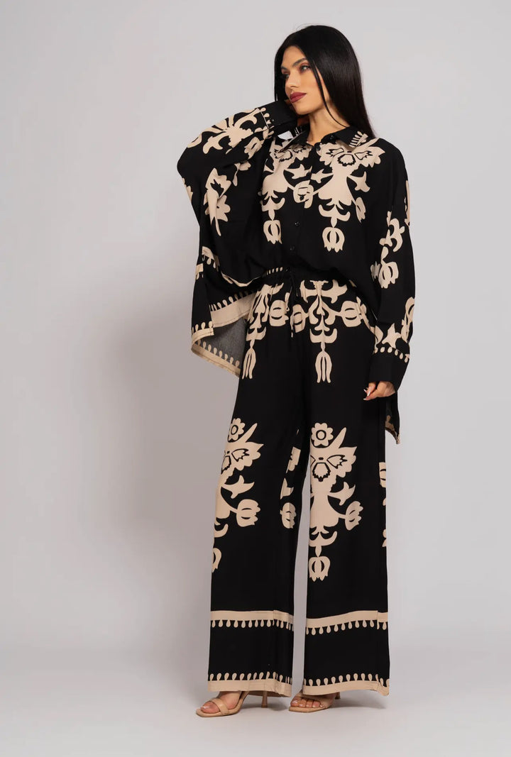 Boho Styled Pants Suit-Black/Cream