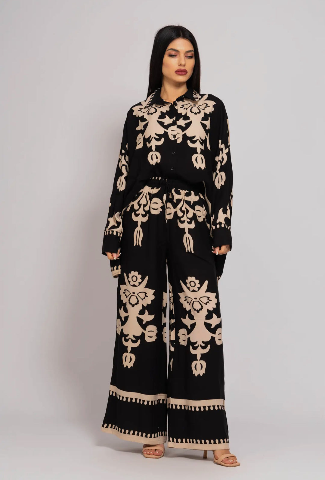 Boho Styled Pants Suit-Black/Cream