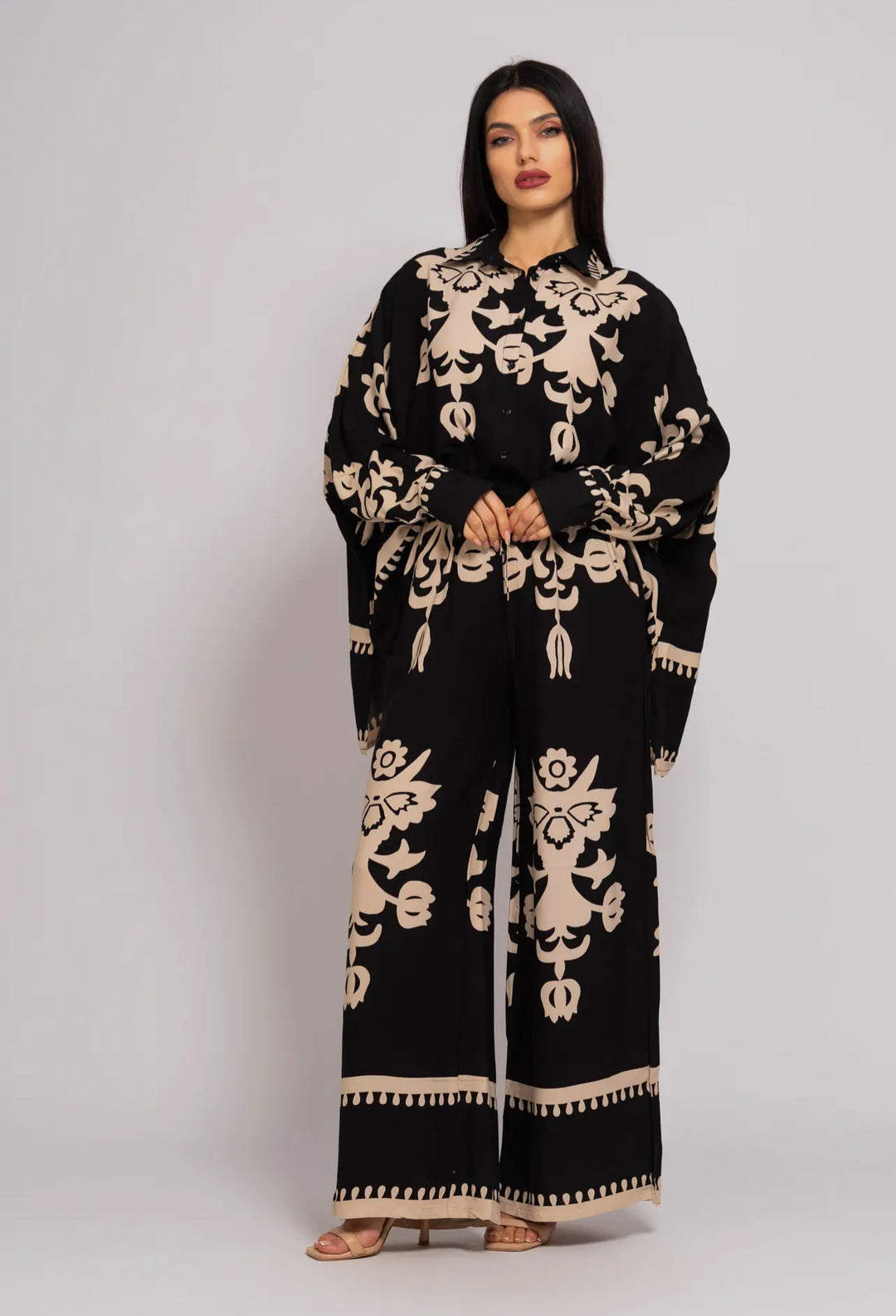 Boho Styled Pants Suit-Black/Cream