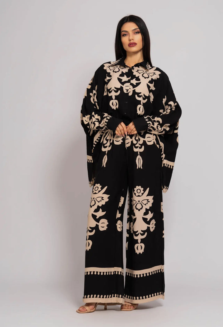 Boho Styled Pants Suit-Black/Cream