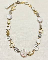 Short Geo Gold and Silver Necklace with Pearl Coin