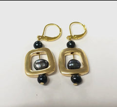 Brushed Bead Black Pearl Earrings/Gold