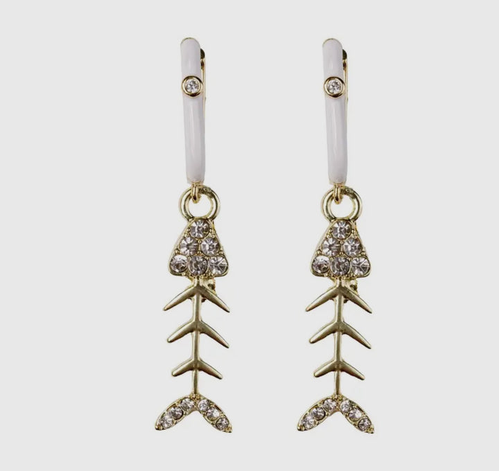 Diamond Bonefish Drop Earrings-Gold/White Enamel