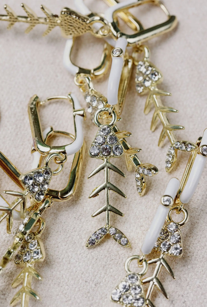 Diamond Bonefish Drop Earrings-Gold/White Enamel