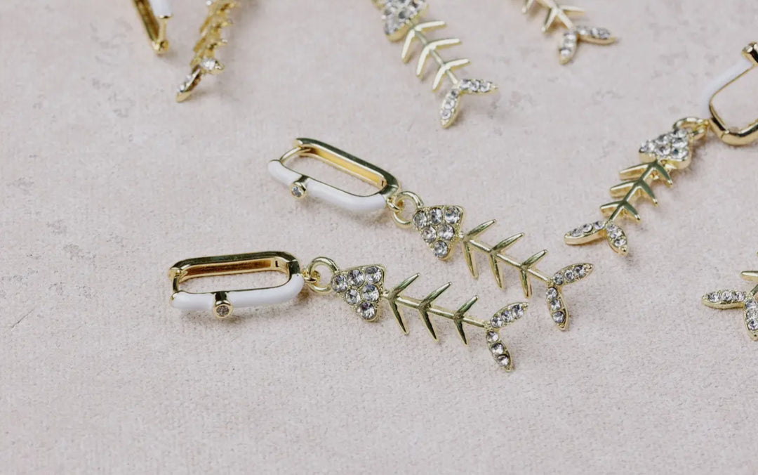 Diamond Bonefish Drop Earrings-Gold/White Enamel