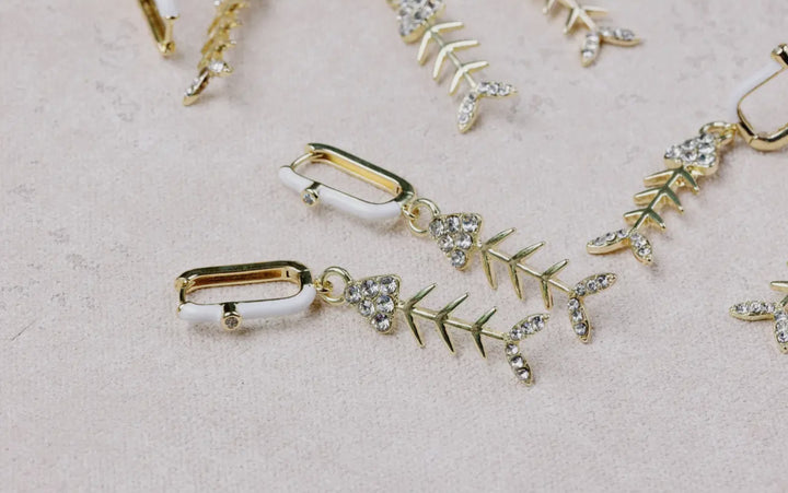 Diamond Bonefish Drop Earrings-Gold/White Enamel