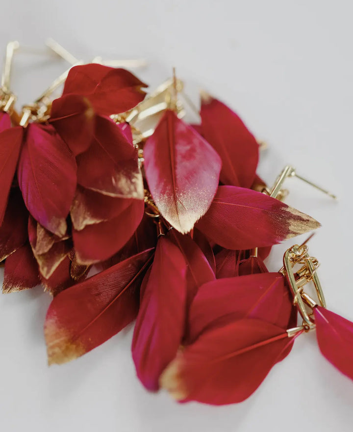 Gold Dipped Feather Earrings-Garnet