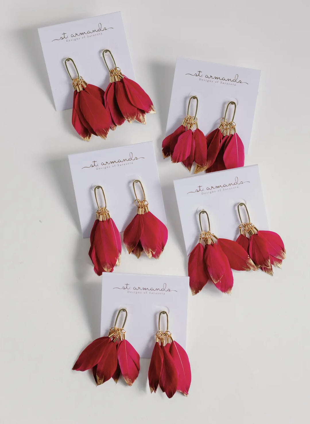 Gold Dipped Feather Earrings-Garnet