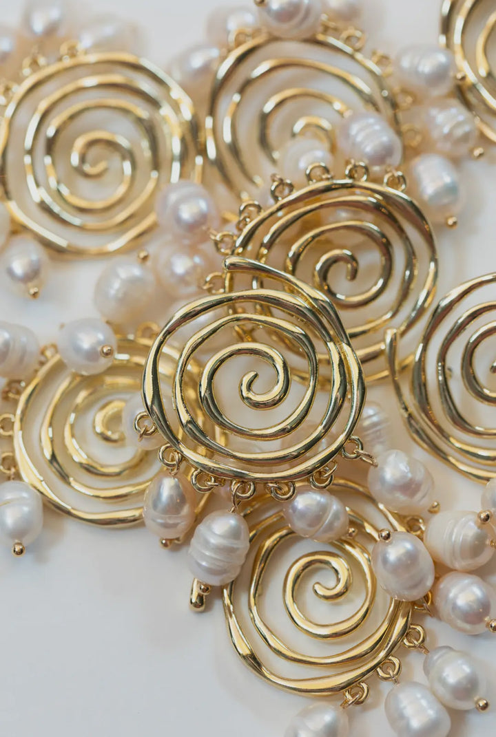Golden Swirl Earrings with Genuine Pearl