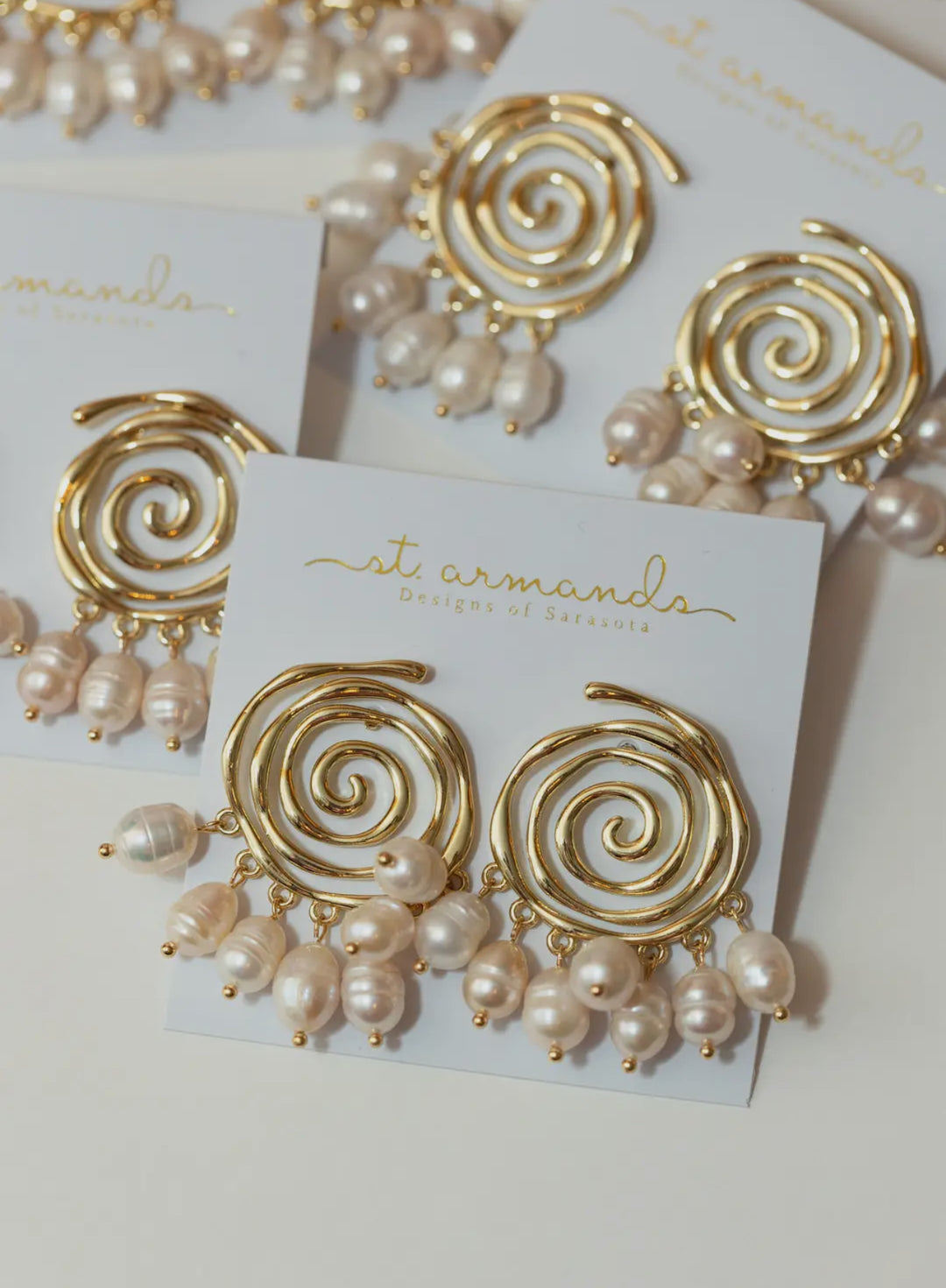 Golden Swirl Earrings with Genuine Pearl