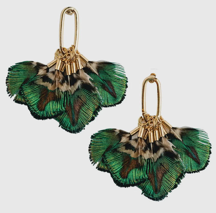 Mallard  Feather Tassel Earrings-Emerald
