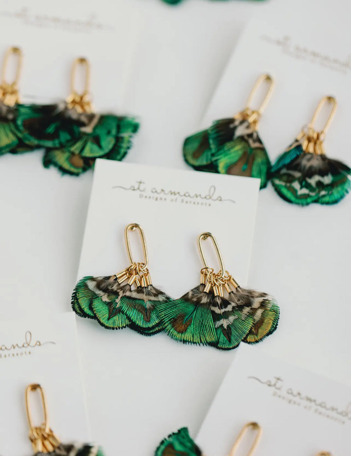 Mallard  Feather Tassel Earrings-Emerald