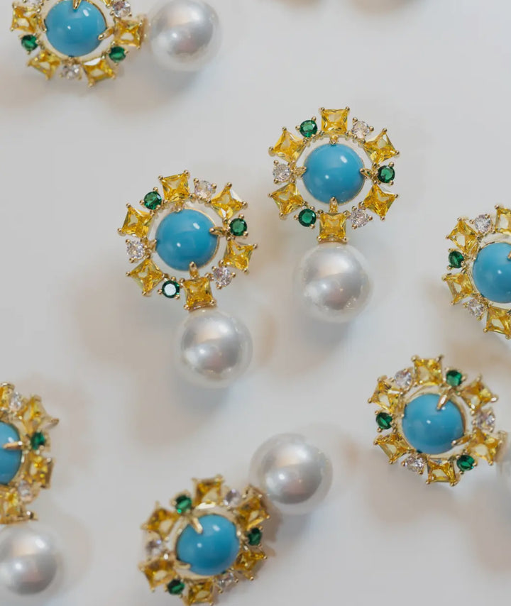 Palm Beach Glam Pearl and Turquoise Earrings