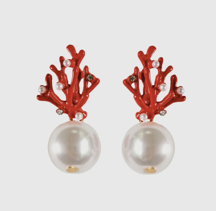 Pearl and Red Coral Mini Statement Earrings
