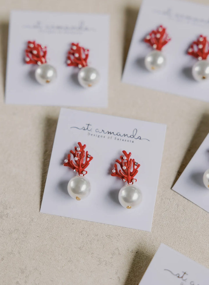 Pearl and Red Coral Mini Statement Earrings
