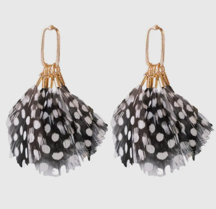 Spotted Black and White Feather Earrings