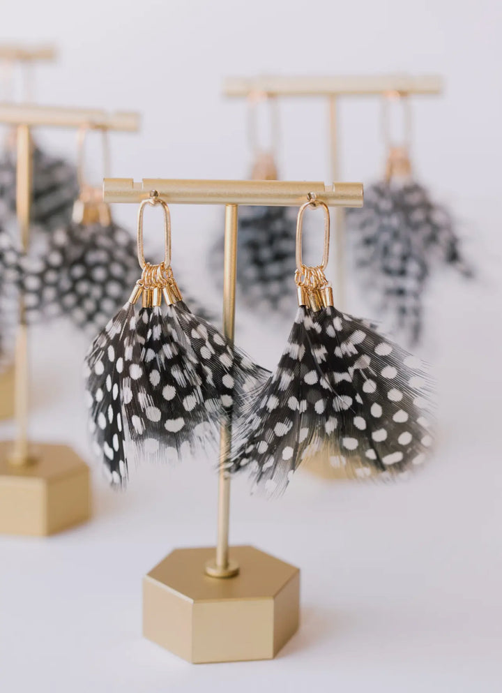 Spotted Black and White Feather Earrings