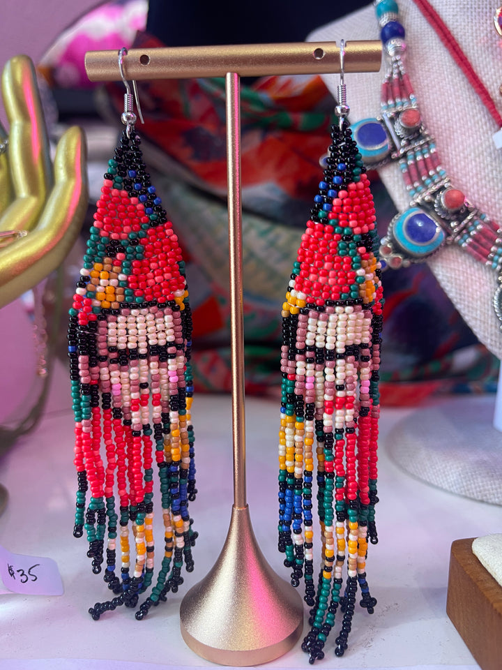 Frida Kahlo Handmade Seed Bead Fringe Earrings