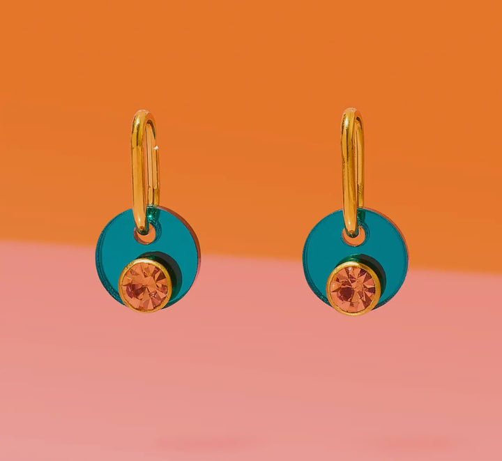 Deco Glam Medallion Earrings-Teal/Orange Crystal