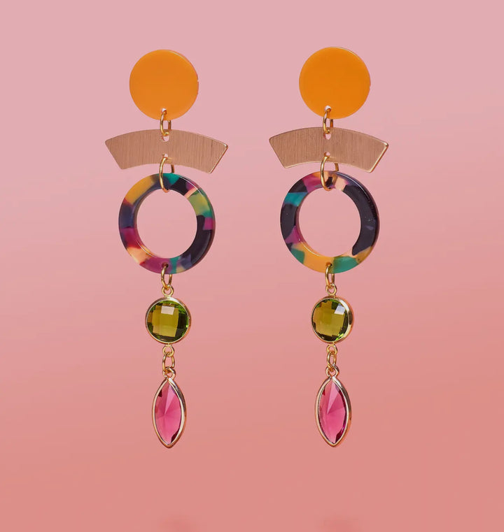 Multi Tier Dangle Earrings-Pink, green, orange, multi