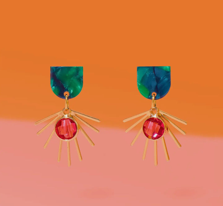 Tropical Oasis Small Dangle Starburst Earrings-Teal/red