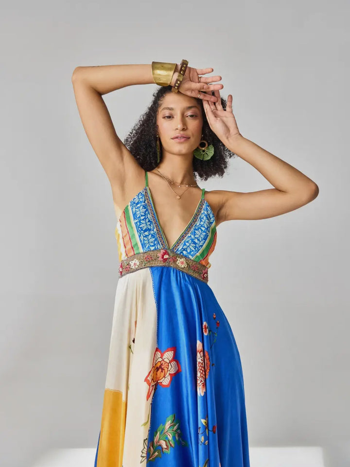 Multi-Colored Plunging Neckline Maxi Dress-Ayla-Multi