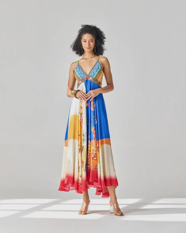 Multi-Colored Plunging Neckline Maxi Dress-Ayla-Multi