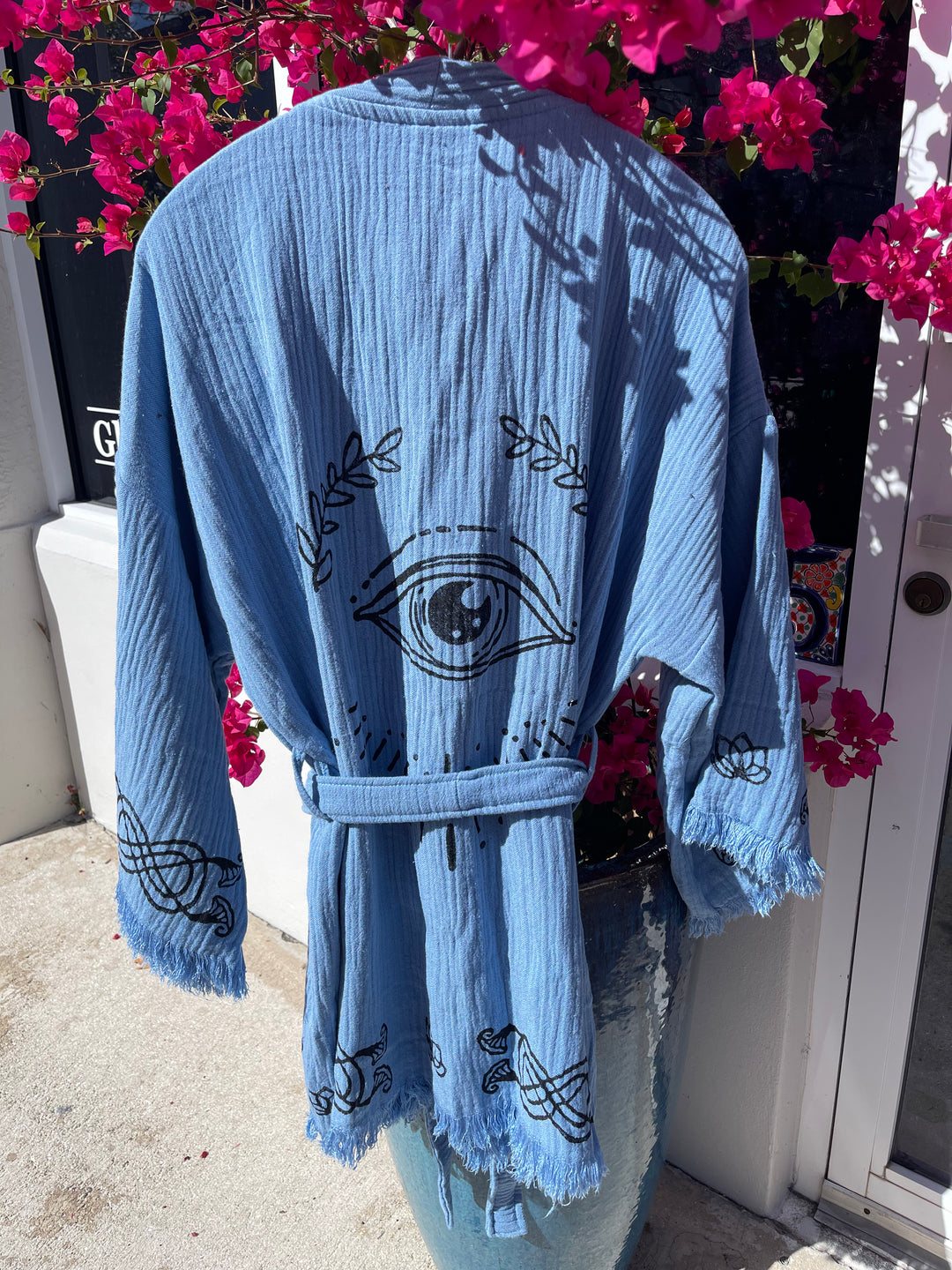 Sky blue 100% organic cotton Boho Styled, Evil Eye motif Short Kimono robe