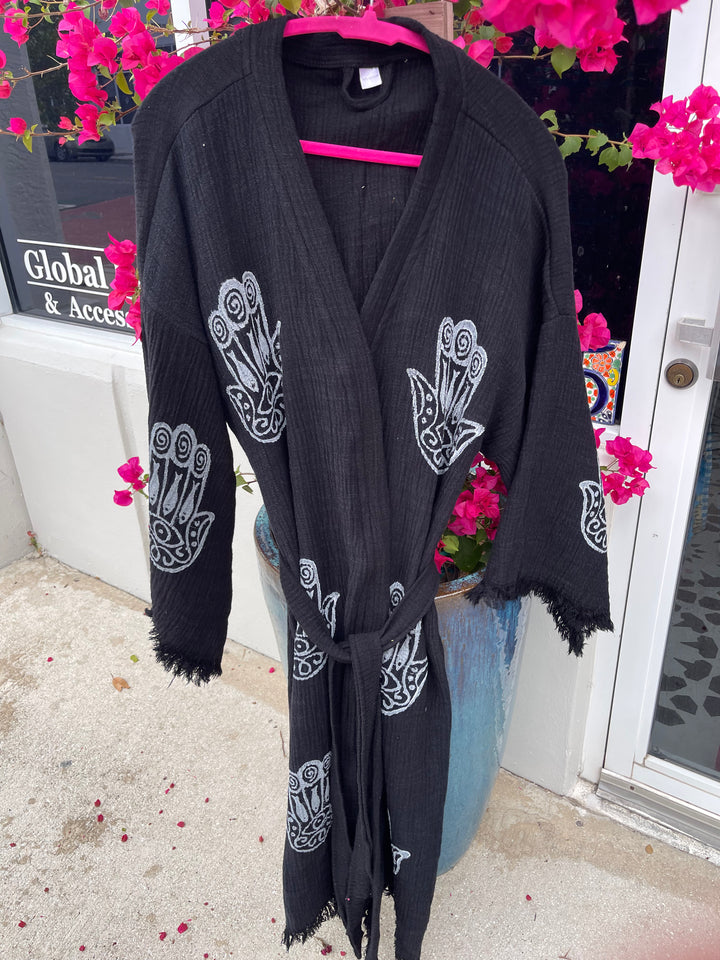 Black and white Hamsa 100% organic cotton Kimono robe