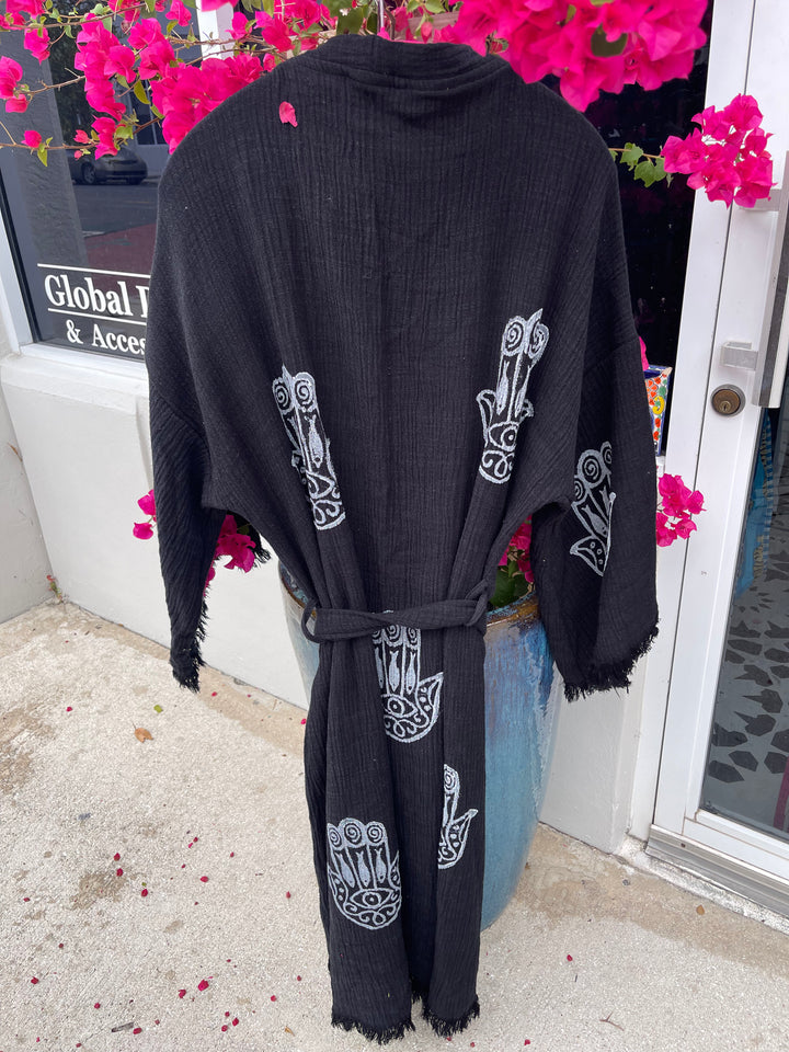 Black and white Hamsa 100% organic cotton Kimono robe