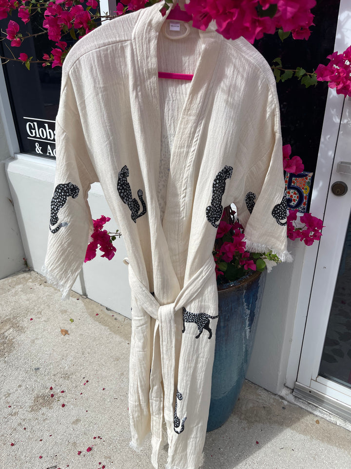 Hand stamped 100% organic cotton Kimono robe-Leopard motif on ecru cotton.