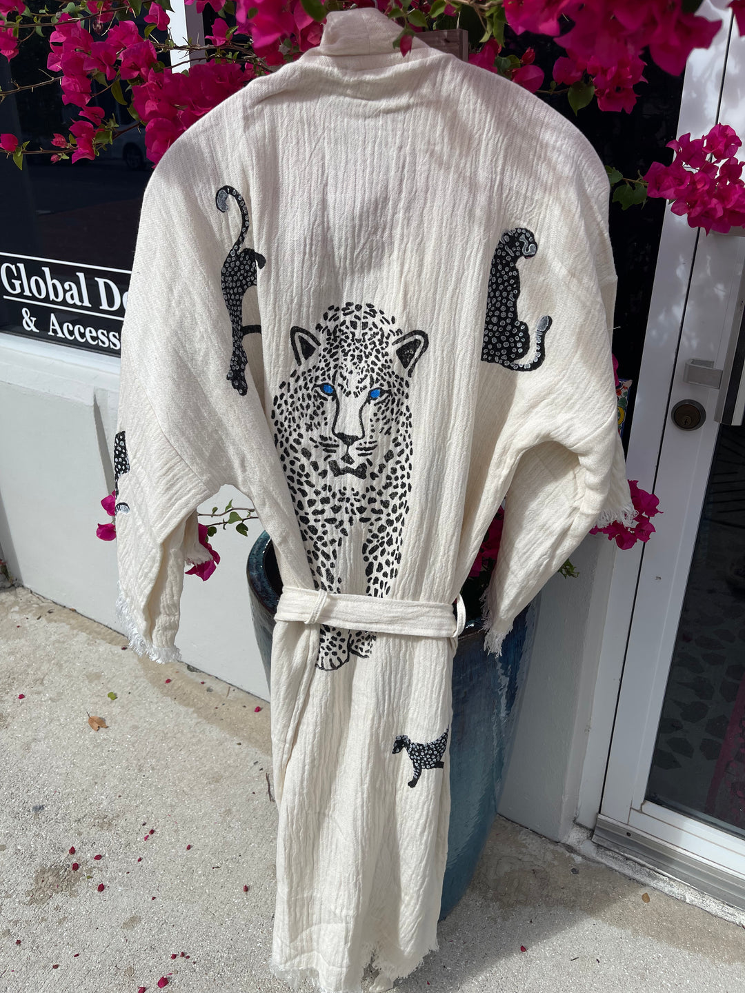 Hand stamped 100% organic cotton Kimono robe-Leopard motif on ecru cotton.