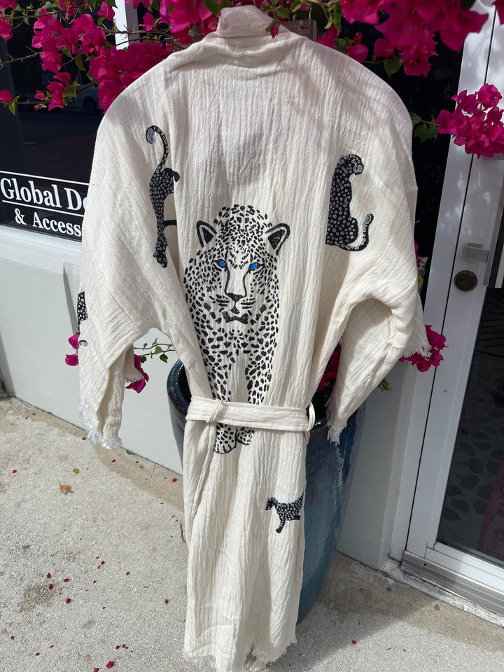 Hand stamped 100% organic cotton Kimono robe-Leopard motif on ecru cotton.