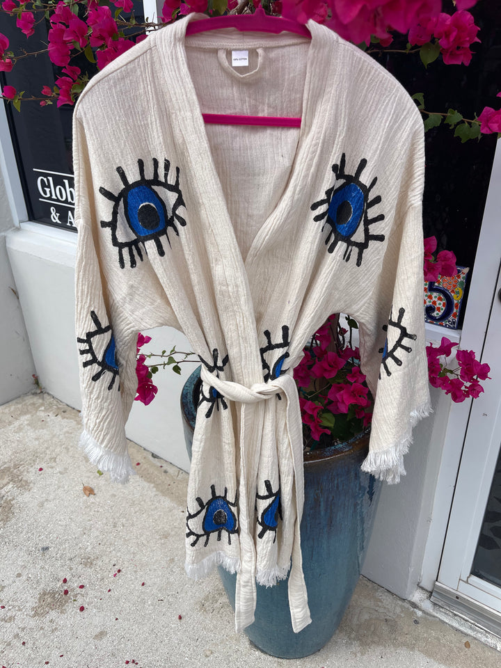 Evil Eye 100% organic cotton short Kimono robe