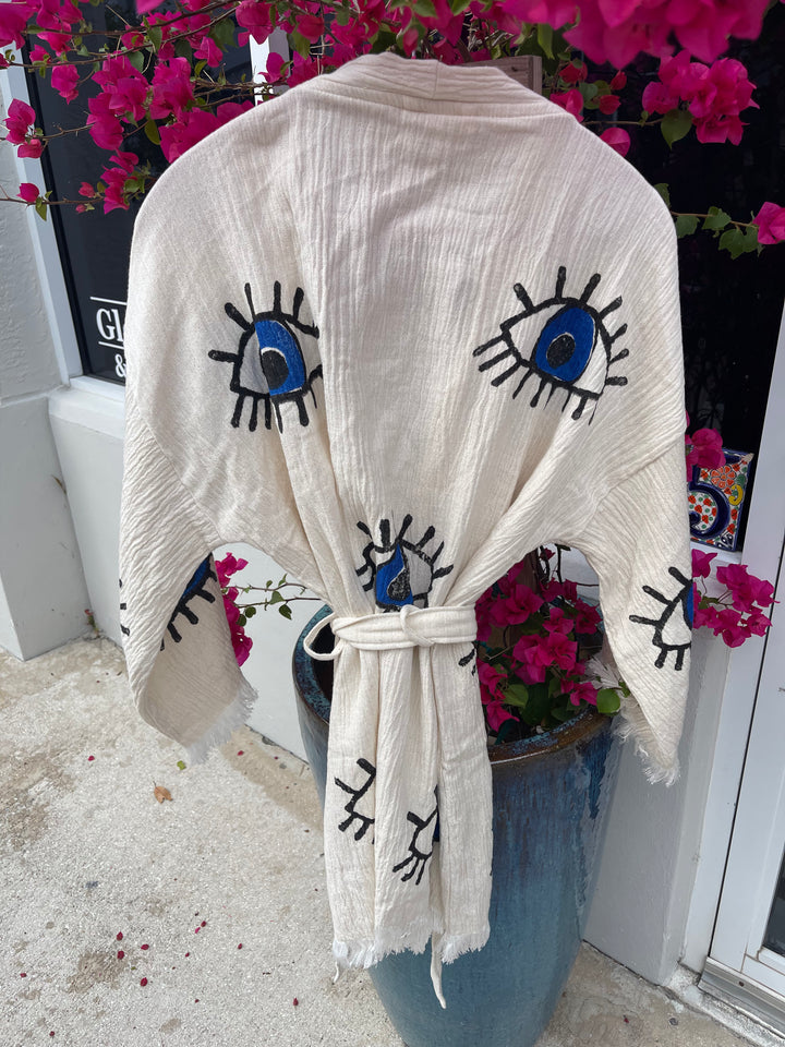 Evil Eye 100% organic cotton short Kimono robe