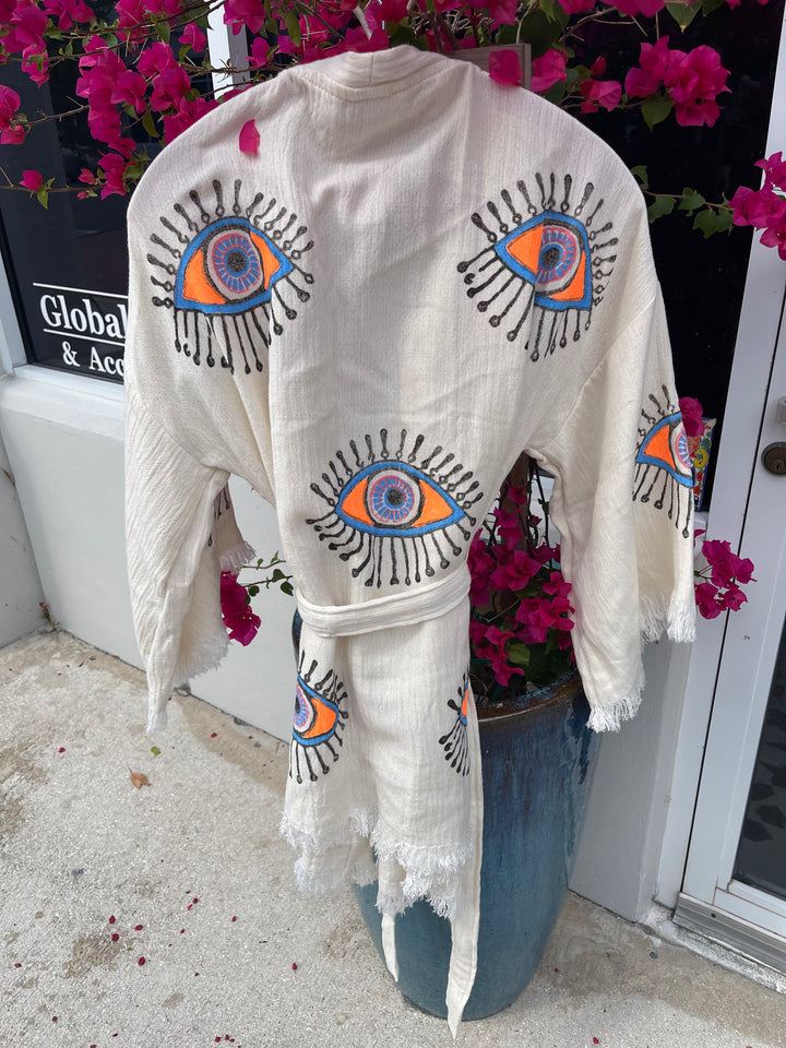 Evil Eye 100% organic cotton short Kimono robe