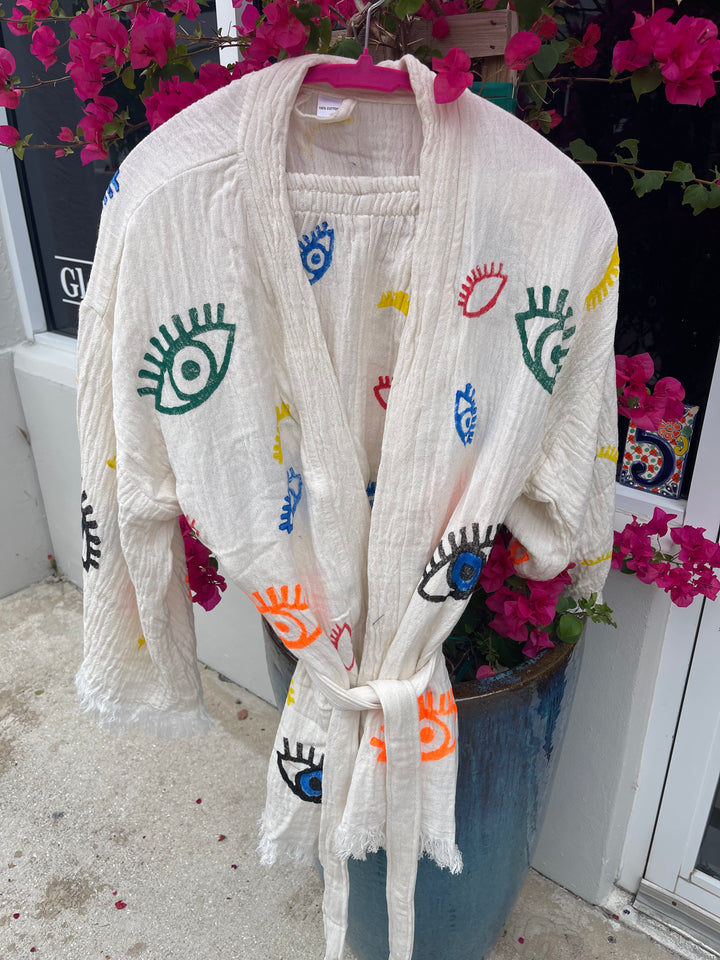 Whimsical Multi colored Evil Eye Boho Kimono robe set with shorts